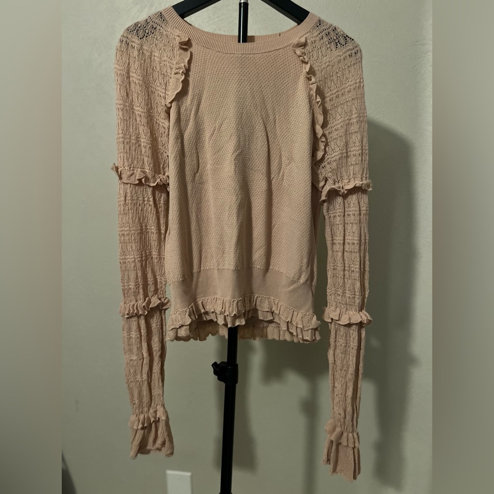 Jonathan Simkhai Women's Cream/Pink Ruffle Long Sleeve Top Sweater Size M